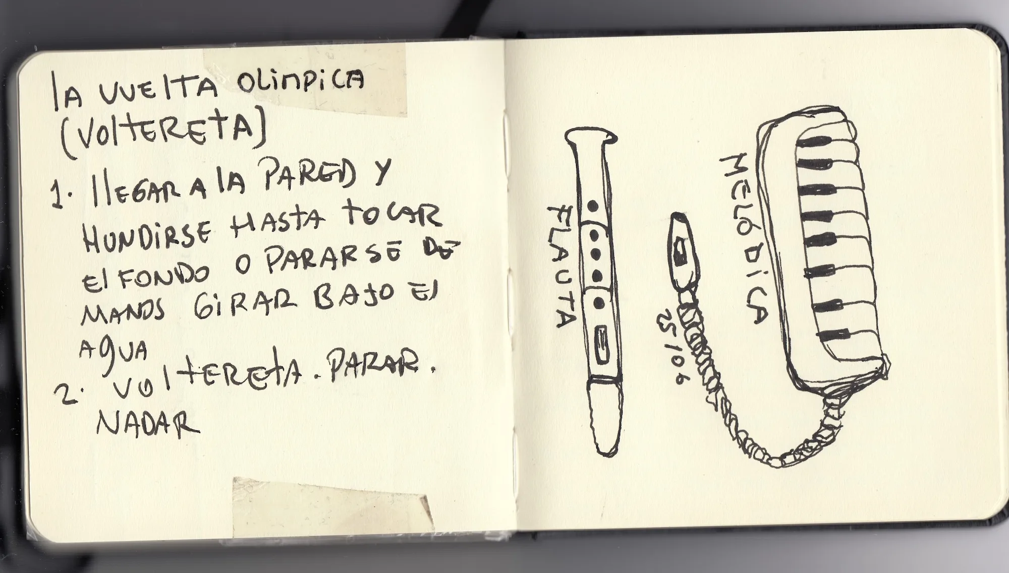 Doble página de cuaderno con instrucciones de nado y dibujos de flauta, silbato y melodica.