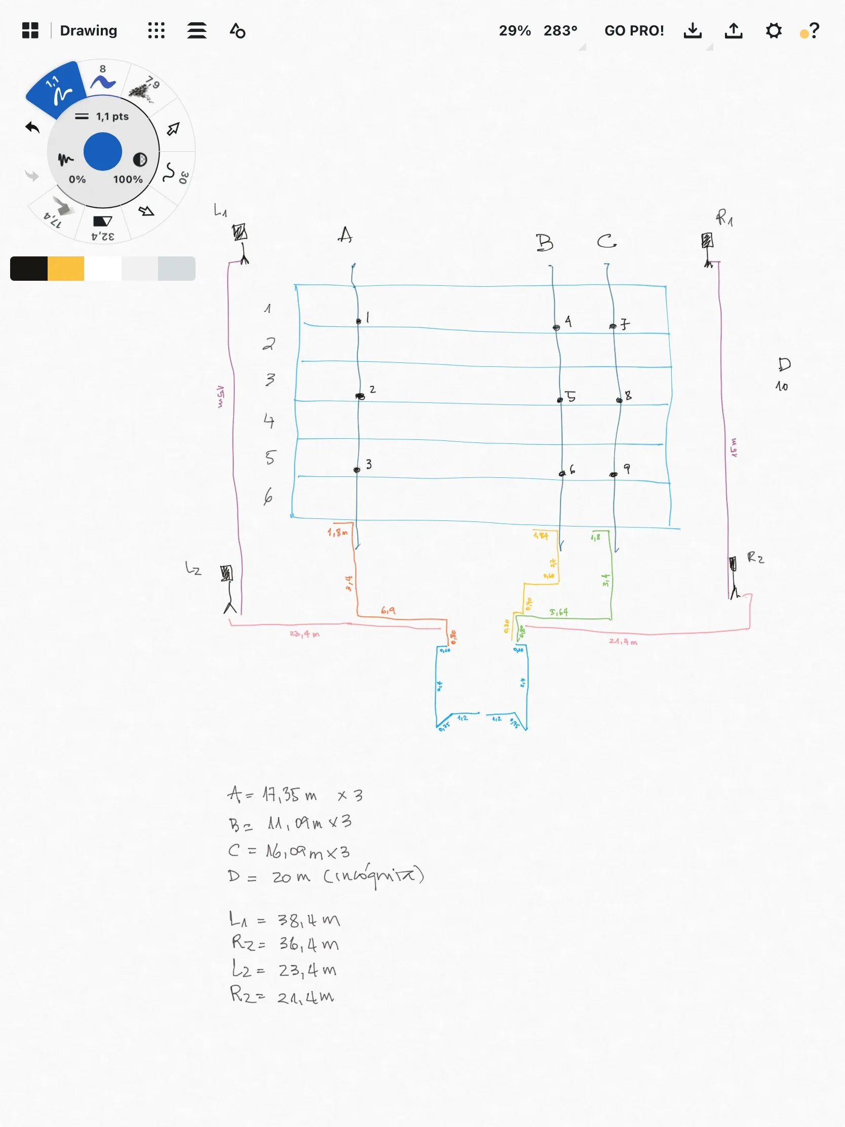 Esquema digital de la piscina con medidas y recorridos de cableado para registro de sonido.